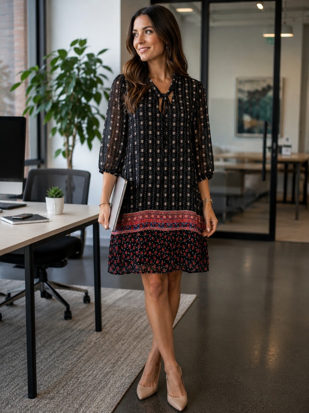 Lily Rose Black Printed Tie-Neck Midi Dress with Border Detail